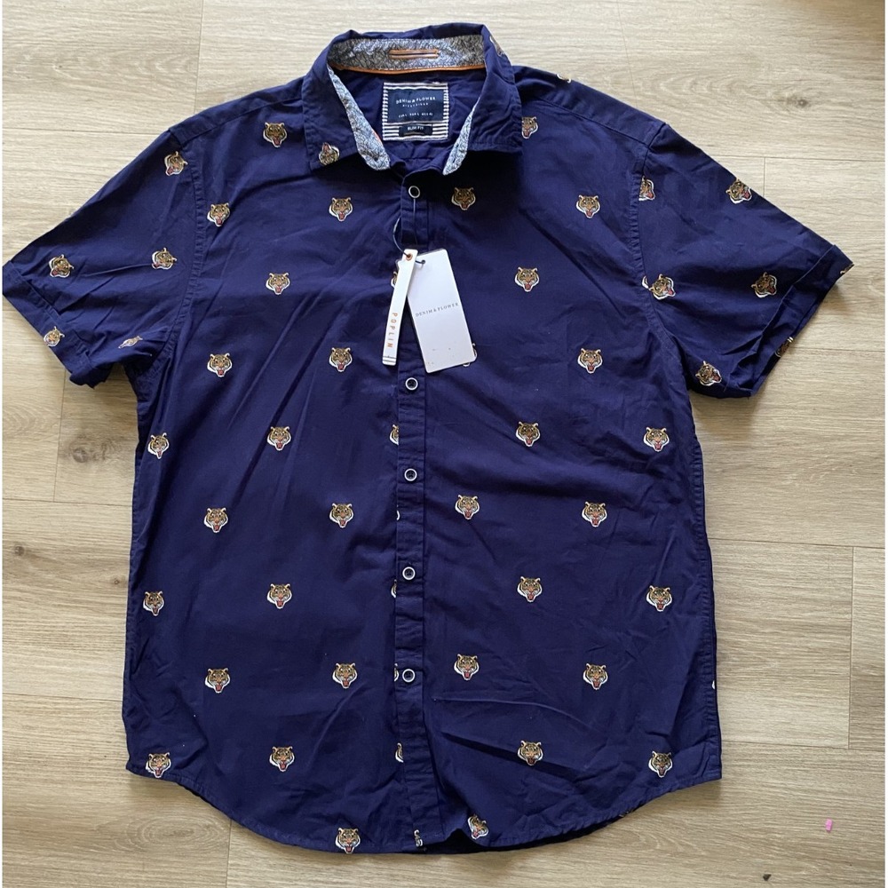 Denim & Flower Ricky Singh Mens L Slim Fit Navy Tiger Tropical Button Shirt